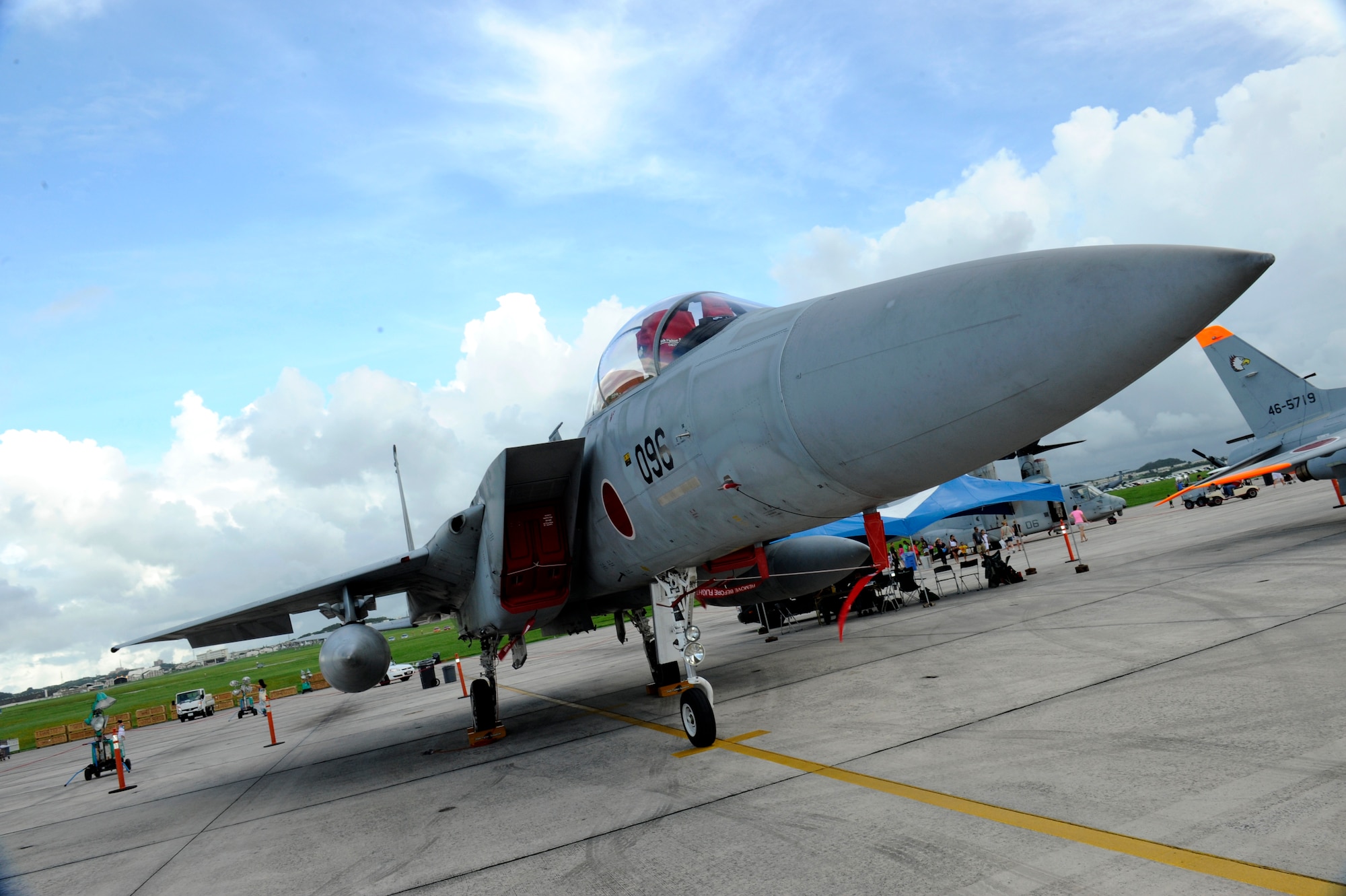 A Japan Air Self-Defense Force F-15J is parked on the Kadena Air Base, Japan, flightline during AmericaFest 2014 June 28, 2014. The event, which included food, games and entertainment from both Okinawan and American sources, also hosted U.S. Air Force, Marine Corps and Navy as well as JASDF aircraft to showcase the alliance between the different services and forces. (U.S. Air Force photo by Senior Airman Maeson L. Elleman)