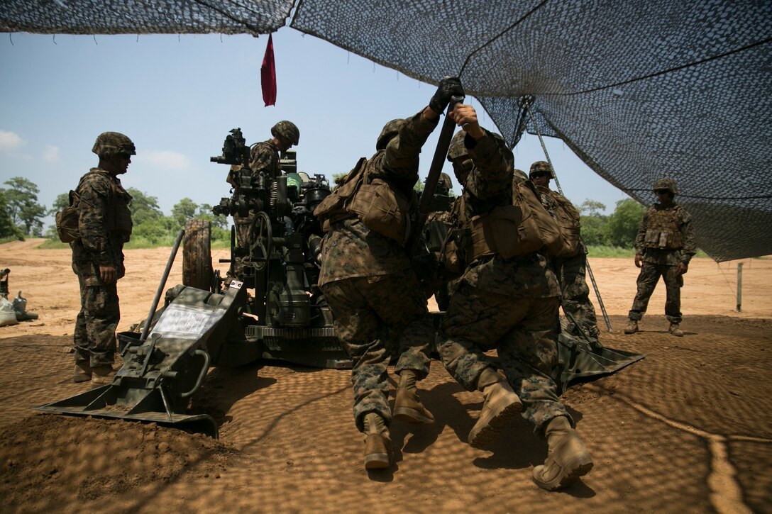 Marines load an M777A2 lightweight 155 mm howitzers June 14 at Warrior Base, Munsan, South Korea, during Korean Marine Exchange Program 14-7. The U.S. Marines and the Republic of Korea Marines trained together on how to operate each other’s artillery equipment. KMEP 14-7 is one iteration in a series of continuous combined training exercises designed to enhance the ROK-U.S. alliance, promote stability on the Korean Peninsula, and strengthen the ROK-U.S. military capabilities and interoperability. The Marines are with Battery K, 3rd Battalion, 12th Marine Regiment, 3rd Marine Division, III Marine Expeditionary Force. 