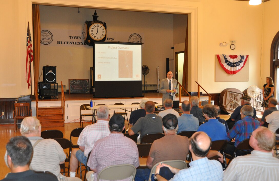 The U.S. Army Corps of Engineers Buffalo District hosted a public information meeting at Concord Town Hall Auditorium, Springville, NY, to discuss the Springville (Scoby) Dam fish passage project study, and study schedule, June 25, 2014.

The purpose of this Great Lakes Fishery and Ecosystem Restoration Section 506 study at the dam is to evaluate an array of measures which will provide fish passage above the dam to the upstream reaches of Cattaraugus Creek and its tributaries while at the same time prohibiting upstream migration of sea lampreys. The Springville Dam currently blocks all upstream movement of fish to the upper reaches of Cattaraugus Creek and its tributaries.
