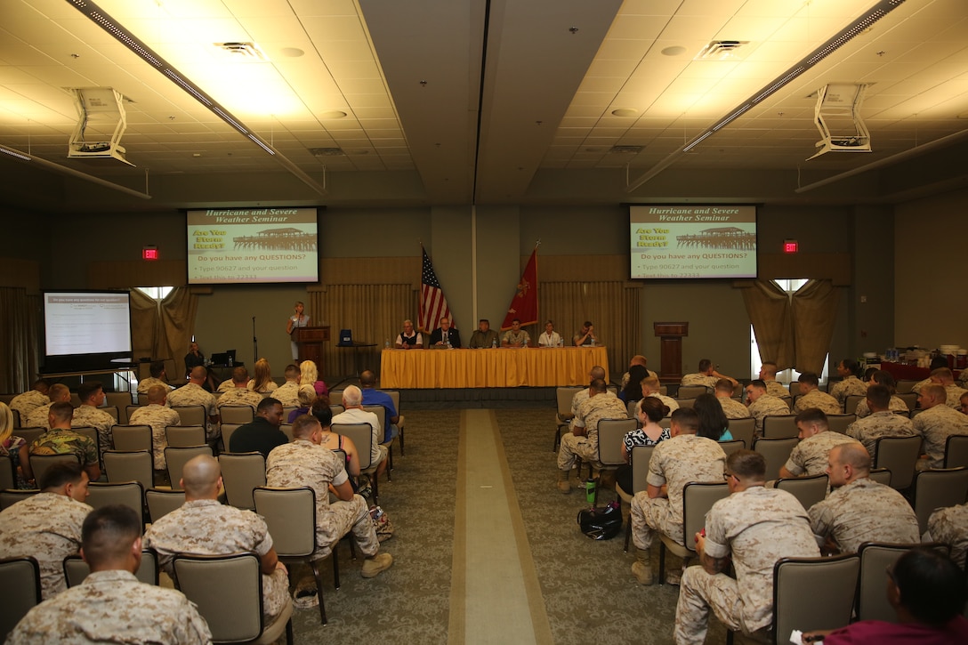 Marines, Sailors and Civilians attended a Hurricane and Severe Weather Seminar June 25, 2014 at Miller's Landing at Marine Corps Air Station Cherry Point, N.C. in preparation for the upcoming hurricane season. During the seminar a panel of subject matter experts ranging from The American Red Cross to Legal Services briefed attendees on topics ranging from storm shelters in the Cherry Point area to how to go about making storm damage claims. To stay informed during the season, visit Marine Corps Air Station Cherry Point Emergency Management at http://go.usa.gov/8e8t or the MCAS Cherry Point website at http://www.cherrypoint.marines.mil. 