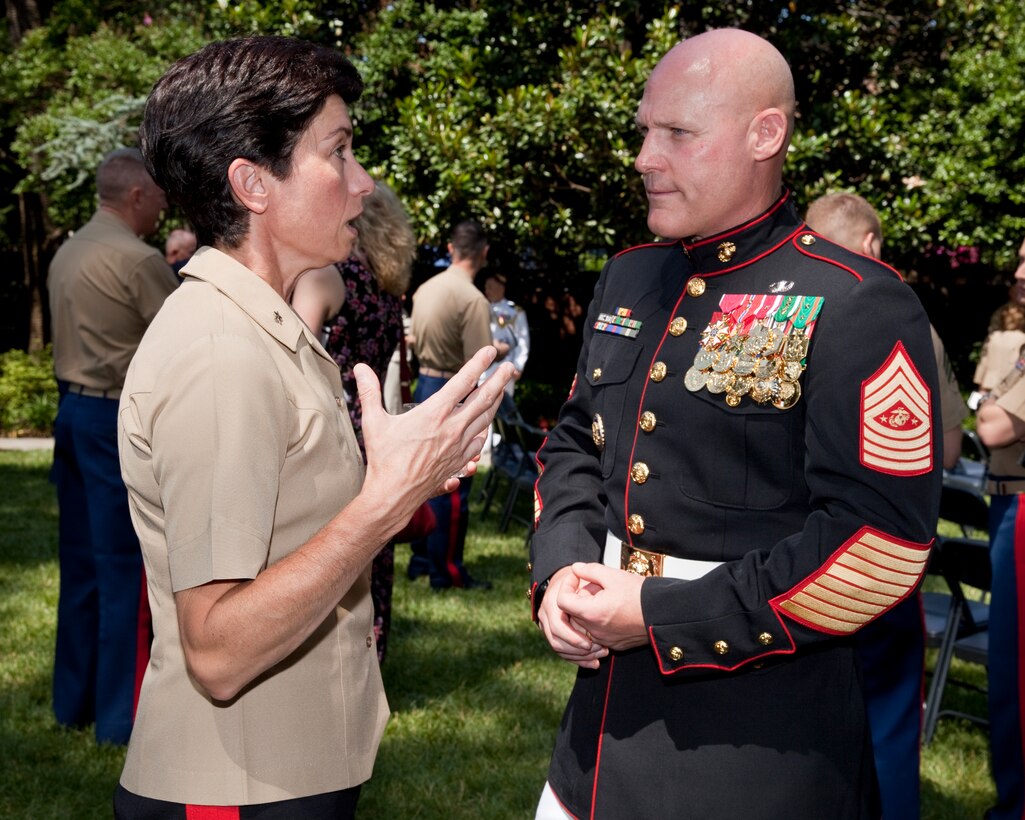 Sgt. Maj. Micheal P. Barrett, the 17th Sergeant Major of the Marine Corps, attends the retirement ceremony for Maj. Gen. Vaughn A. Ary, the Staff Judge Advocate of the Commandant, at the Home of the Commandants, Washington D.C., on June 30, 2014. (U.S. Marine Corps photo by Lance Cpl. Samantha Draughon/ Released)