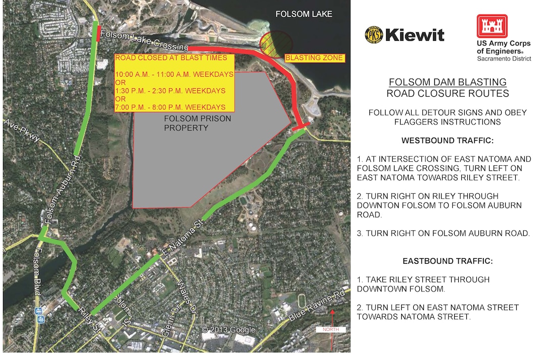 Map shows detour routes vehicles will be directed to during hour-long closures for blasting at Folsom Lake Crossing Road beginning July 10 as part of the fourth phase of the Corps' auxiliary spillway project.