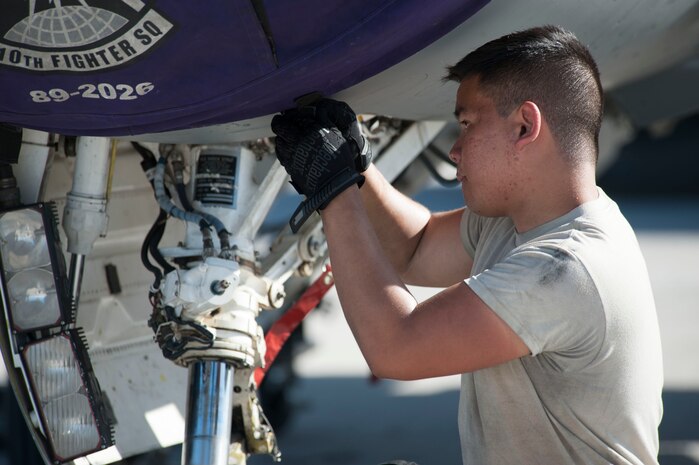 U.S. Air Force Airman First Class Juancarlos Bernarte, a crew chief assigned to the 510th Aircraft Maintenance Squadron, Aviano Air Base, Italy, prepares an F-16 Fighting Falcon from the 31st Fighter Wing, Aviano AB, for flight during Green Flag West 14-8, June 26, 2014, at Nellis Air Force Base, Nev. Green Flag West gives surface to air training to improve skills and gain efficiency for future real-world operations. (U.S. Air Force photo by Airman 1st Class Rachel Loftis)