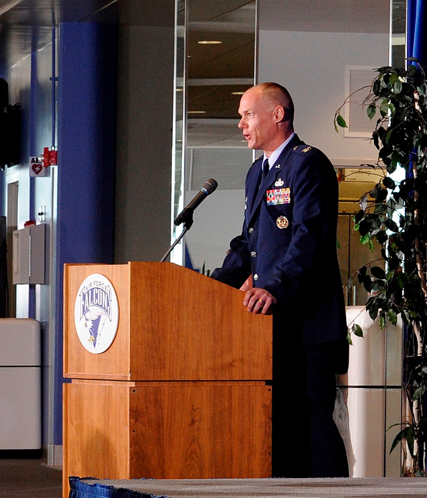 Col. Gerald Szybist speaks at the Academy Preparatory School change of command ceremony here June 30. Szybist takes over command of the Prep School from Col. Kabrena Rodda, who is scheduled to retire from the Air Force later this year. (U.S. Air Force photo/Mike Kaplan)  