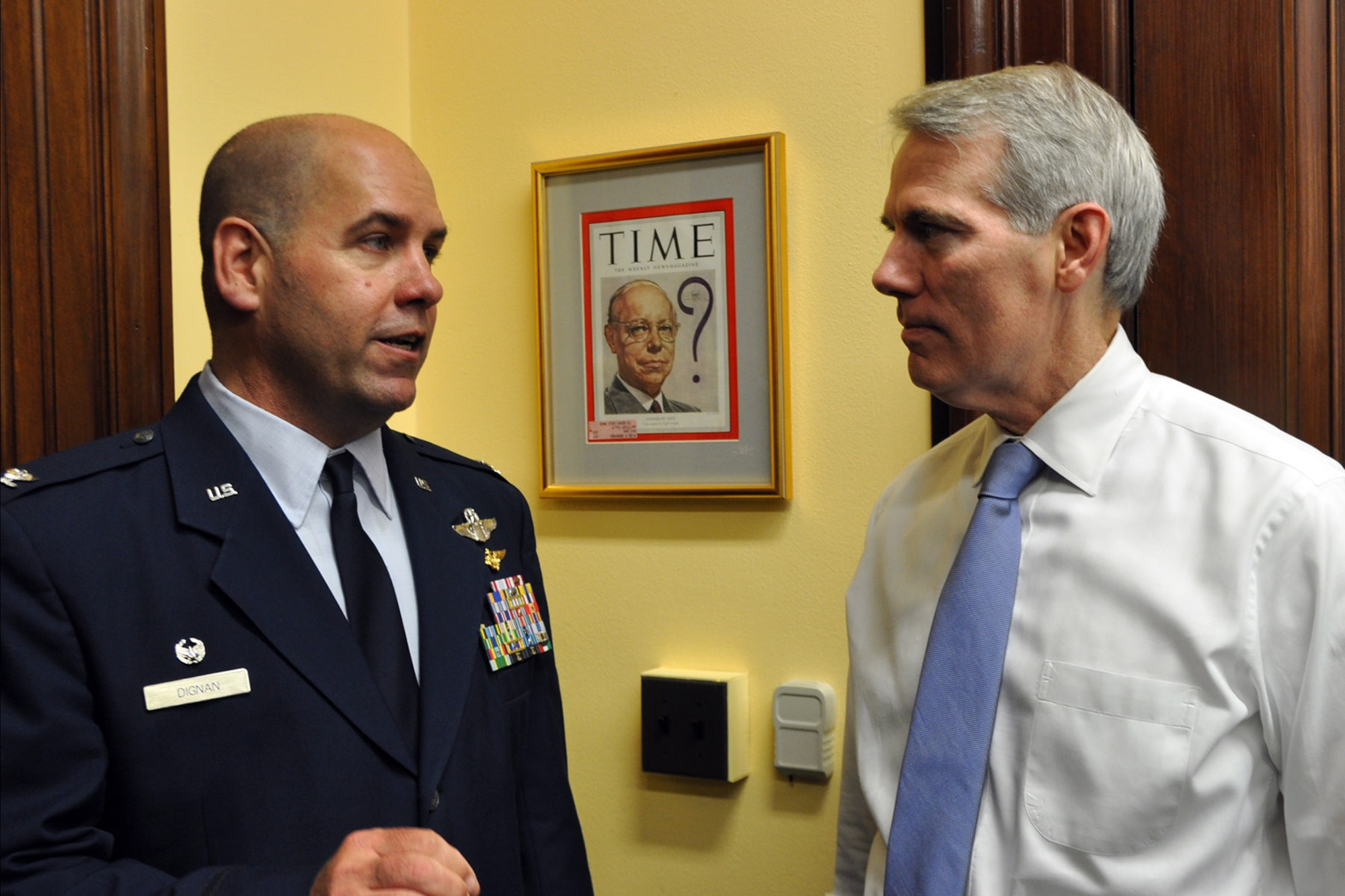 WASHINGTON, D.C. -- Air Force Reserve Col. James Dignan, commander of the 910th Airlift Wing, based at Youngstown Air Reserve Station (YARS), Ohio talks with Ohio Senator Rob Portman on Capitol Hill here, June 25, 2014. Dignan visited with the senator’s office to discuss the 910th’s mission as well as several issues concerning the unit and installation as part of the commander’s Air Force Reserve Capitol Hill Visit program, June 25 and 26, 2014. The primary purpose of the program is to assist commanders in improving and building on relationships established with Congressional delegations and to increase their unit’s visibility with members of Congress. U.S. Air Force photo by Master Sgt. Bob Barko Jr.