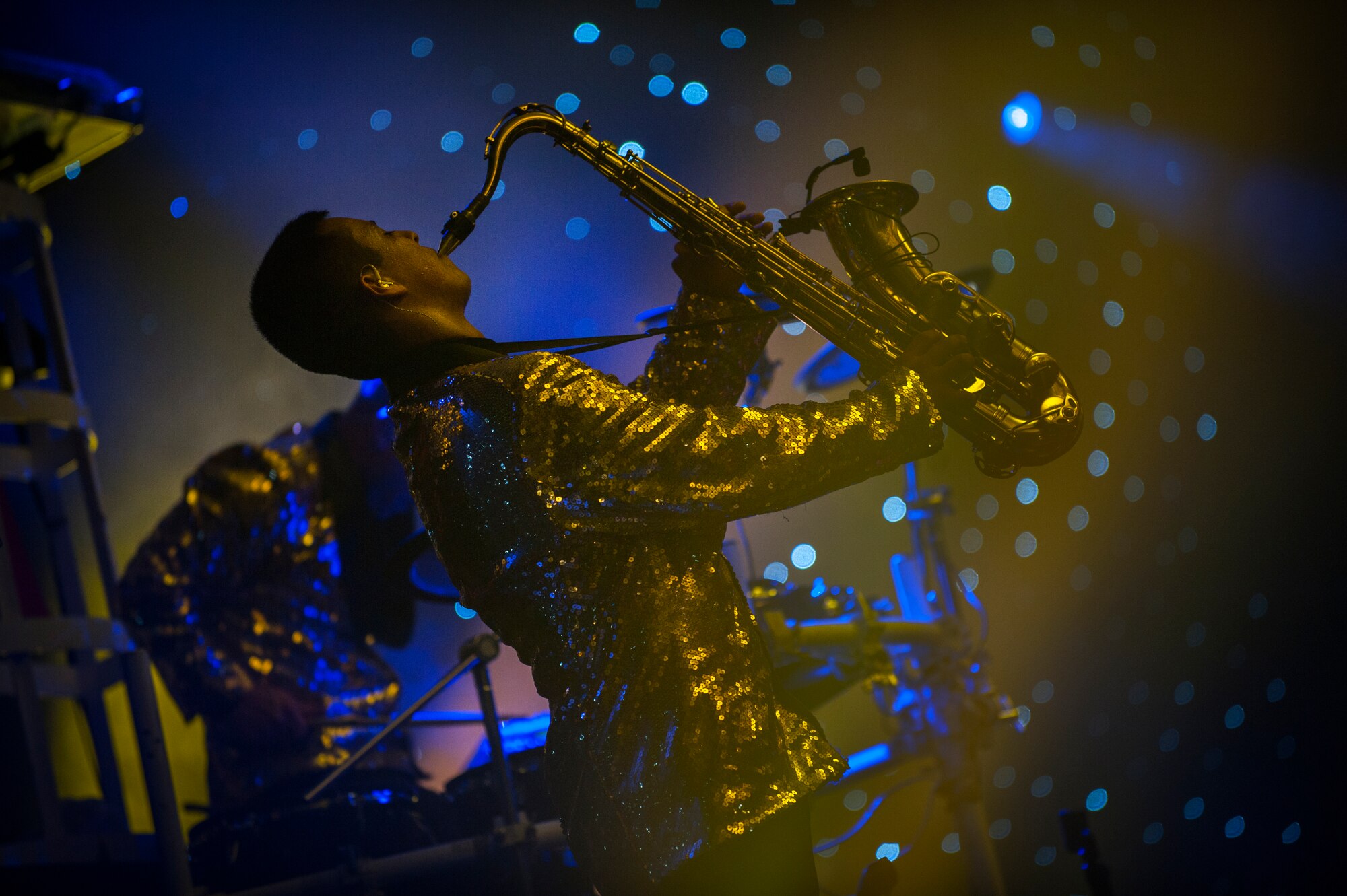 Tops in Blue members perform at the Minot Municipal Auditorium in Minot, N.D., June 27, 2014. Tops in Blue’s mission is to serves as an expeditionary entertainment unit to provide quality entertainment from within Air Force resources for the Air Force family, with priority to Air Force personnel stationed worldwide at remote and deployed locations while simultaneously promoting community relations, supporting recruiting efforts and serving as ambassadors for the United States of America and the United States Air Force. (U.S. Air Force photo/Airman 1st Class Apryl Hall)