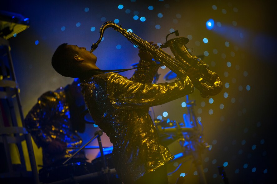 Tops in Blue members perform at the Minot Municipal Auditorium in Minot, N.D., June 27, 2014. Tops in Blue’s mission is to serves as an expeditionary entertainment unit to provide quality entertainment from within Air Force resources for the Air Force family, with priority to Air Force personnel stationed worldwide at remote and deployed locations while simultaneously promoting community relations, supporting recruiting efforts and serving as ambassadors for the United States of America and the United States Air Force. (U.S. Air Force photo/Airman 1st Class Apryl Hall)