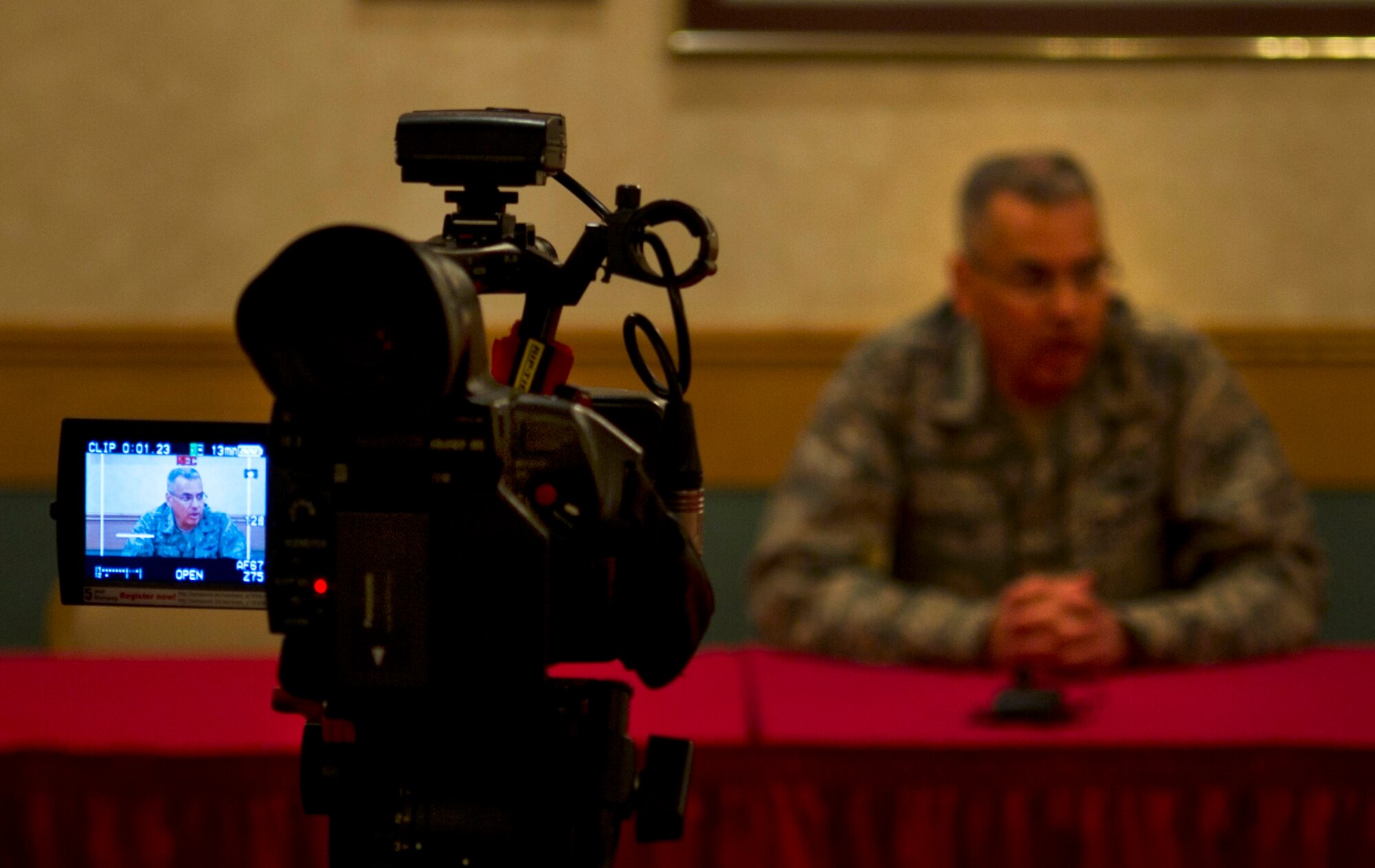 Maj. Gen. Jack Weinstein, 20th Air Force commander, answers questions during a press conference at Minot Air Force Base, N.D., June 25, 2014. During the press conference Weinstein addressed upcoming changes and expectations for the missile community. (U.S. Air Force photo/Senior Airman Brittany Y. Bateman)  