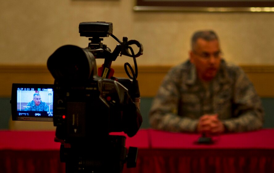 Maj. Gen. Jack Weinstein, 20th Air Force commander, answers questions during a press conference at Minot Air Force Base, N.D., June 25, 2014. During the press conference Weinstein addressed upcoming changes and expectations for the missile community. (U.S. Air Force photo/Senior Airman Brittany Y. Bateman)  