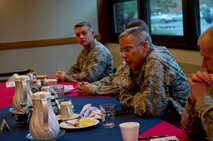 Maj. Gen. Jack Weinstein, 20th Air Force commander, talks to Airmen from the 91st Missile Wing during a breakfast at Minot Air Force Base, N.D., June 25, 2014. During breakfast, Weinstein addressed upcoming changes in the Air Force and in the missile community. (U.S. Air Force photo/Senior Airman Brittany Y. Bateman)  