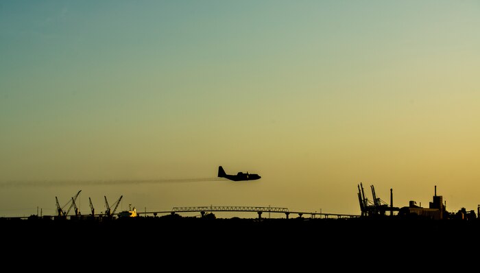 An Air Force Reserve aircrew flying a C-130 Hercules assigned to the 910th Airlift Wing, Youngstown Air Reserve Station, Ohio, performs aerial spraying June 25, 2014, over Joint Base Charleston, S.C. The C-130 Hercules and crew sprayed for mosquitos on JB Charleston and is the only unit of its kind in the Air Force. (U.S. Air Force photo/Airman 1st Class Clayton Cupit)