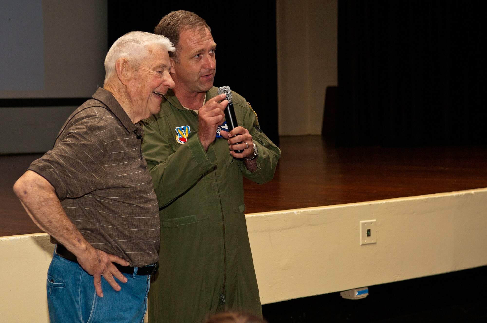 Retired Chief Master Sgt. of the Air Force Robert Gaylor (left), is thanked by Col. Mark Slocum, 4th Fighter Wing commander, for speaking with the Airmen of the FW, June 27, 2014, at Seymour Johnson Air Force Base, North Carolina. During Gaylor’s tenure as chief master sergeant of the Air Force he served as the personal adviser to the Chief of Staff of the Air Force, as well as other top Air Force leaders on issues regarding the welfare, readiness, morale and proper use and progress of the enlisted force. (U.S. Air Force photo/Airman 1st Class Shawna L. Keyes)