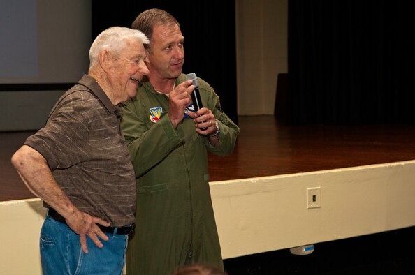 Retired Chief Master Sgt. of the Air Force Robert Gaylor (left), is thanked by Col. Mark Slocum, 4th Fighter Wing commander, for speaking with Airmen of the 4th FW, June 27, 2014, at Seymour Johnson Air Force Base, North Carolina. During Gaylor’s tenure as chief master sergeant of the Air Force he served as the personal adviser to the Chief of Staff of the Air Force, as well as other top Air Force leaders on issues regarding the welfare, readiness, morale and proper use and progress of the enlisted force. (U.S. Air Force photo/Airman 1st Class Shawna L. Keyes)