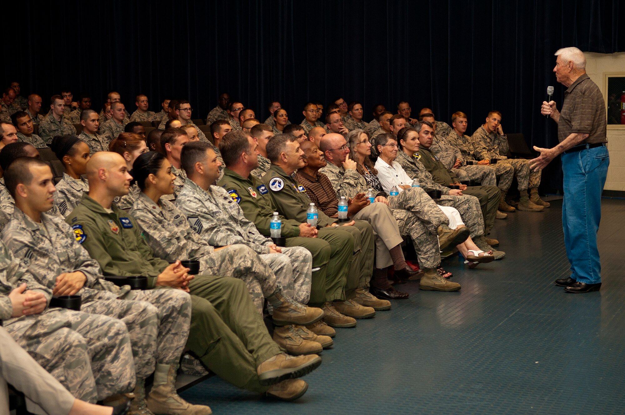 Retired Chief Master Sgt. of the Air Force Robert Gaylor, spoke with Airmen during an all-call, June 27, 2014, at Seymour Johnson Air Force Base, North Carolina. Gaylor served as the fifth Chief Master Sergeant of the Air Force from 1977-1979. During the all-call Gaylor shared his personal journey during his time serving in the military with more than 200 Airmen in attendance. (U.S. Air Force photo/Airman 1st Class Shawna L. Keyes)