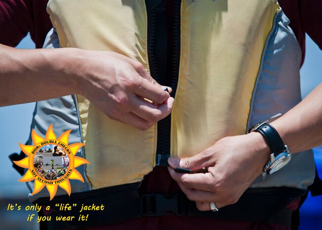 Airmen are reminded to wear a life jacket while operating or riding on personal watercraft to help increase their risk of survival in case of an emergency.  According to the Personal Flotation Device Manufacturers Association, nine out of ten drowning’s occur in inland waters, most within a few feet of safety and involving boats under 20 feet long.  Most drowning victims also had a life jacket available and chose not to wear it. Airmen should not drink and operate personal watercraft and can be charged for driving under the influence or speeding while out on the water.  (U.S. Air Force photo illustration by Senior Airman Jason Couillard)