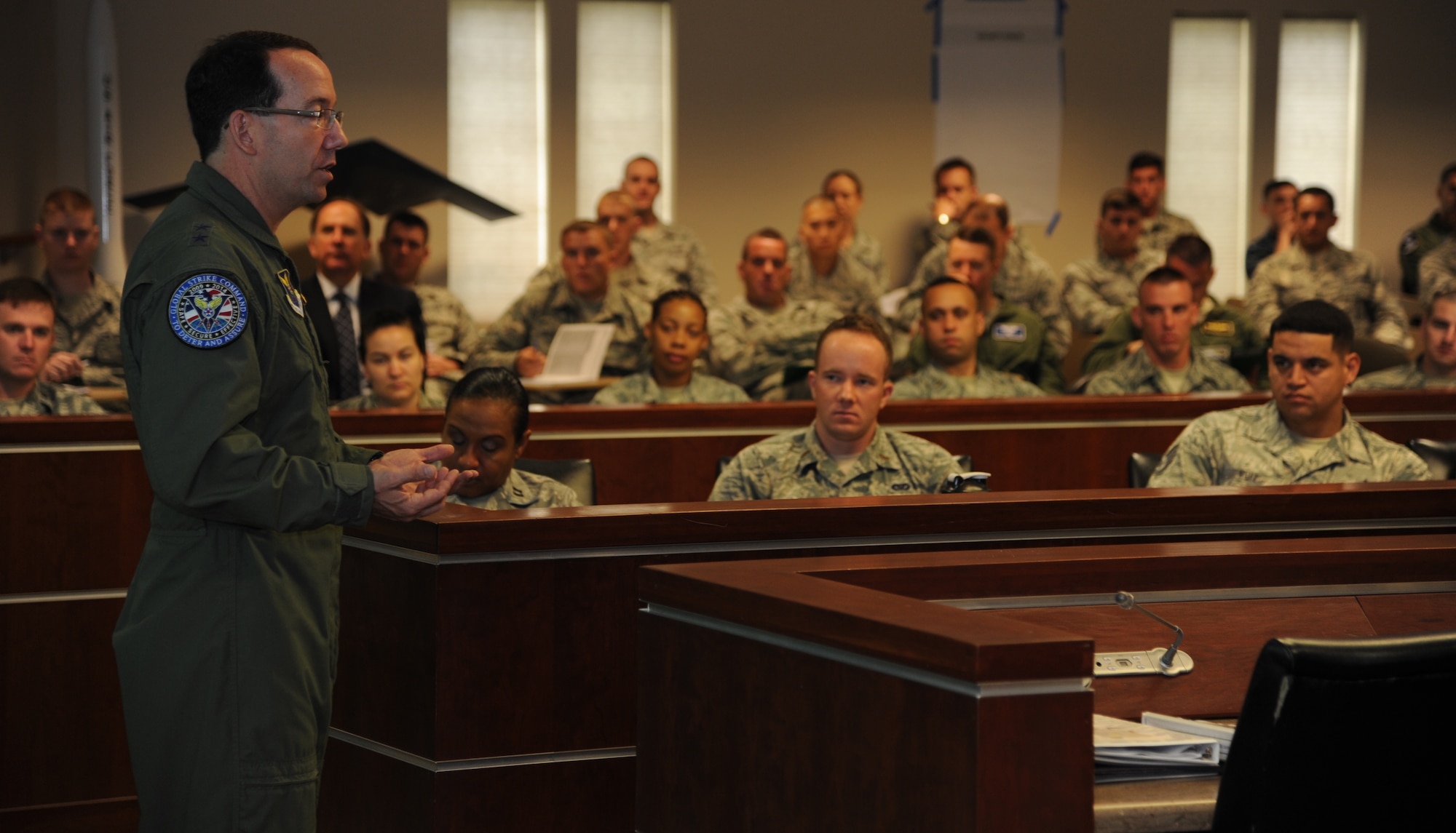 Maj. Gen. Robert Rego, Air Force Global Strike Command vice commander, speaks to the Force Improvement Program team at Barksdale Air Force Base before they journey out to the command's bomber bases, June 9. The team will interview Airmen across the command to address their challenges and listen to their solutions. (U.S. Air Force Photo/A1C Joseph Raatz)