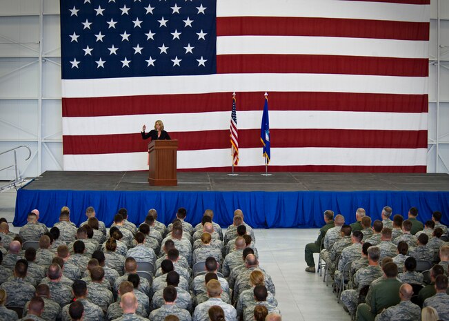 Secretary of the Air Force Deborah Lee James, speaks to Airmen during an all call June 20, 2014, at Nellis Air Force Base, Nev. James is responsible for the affairs of the Department of the Air Force, including organizing, training, equipping and providing for the welfare of its more than 690,000 active duty, guard, reserve and civilian Airmen and their families. (U.S. Air Force photo by Senior Airman Jason Couillard)