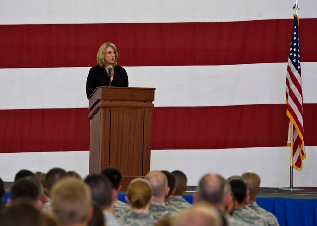 Secretary of the Air Force Deborah Lee James, speaks to Airmen during an all call June 20, 2014, at Nellis Air Force Base, Nev. James spoke about how impressed she is with the AF mission and how hard Airmen work to get the job done. (U.S. Air Force photo by Senior Airman Jason Couillard)