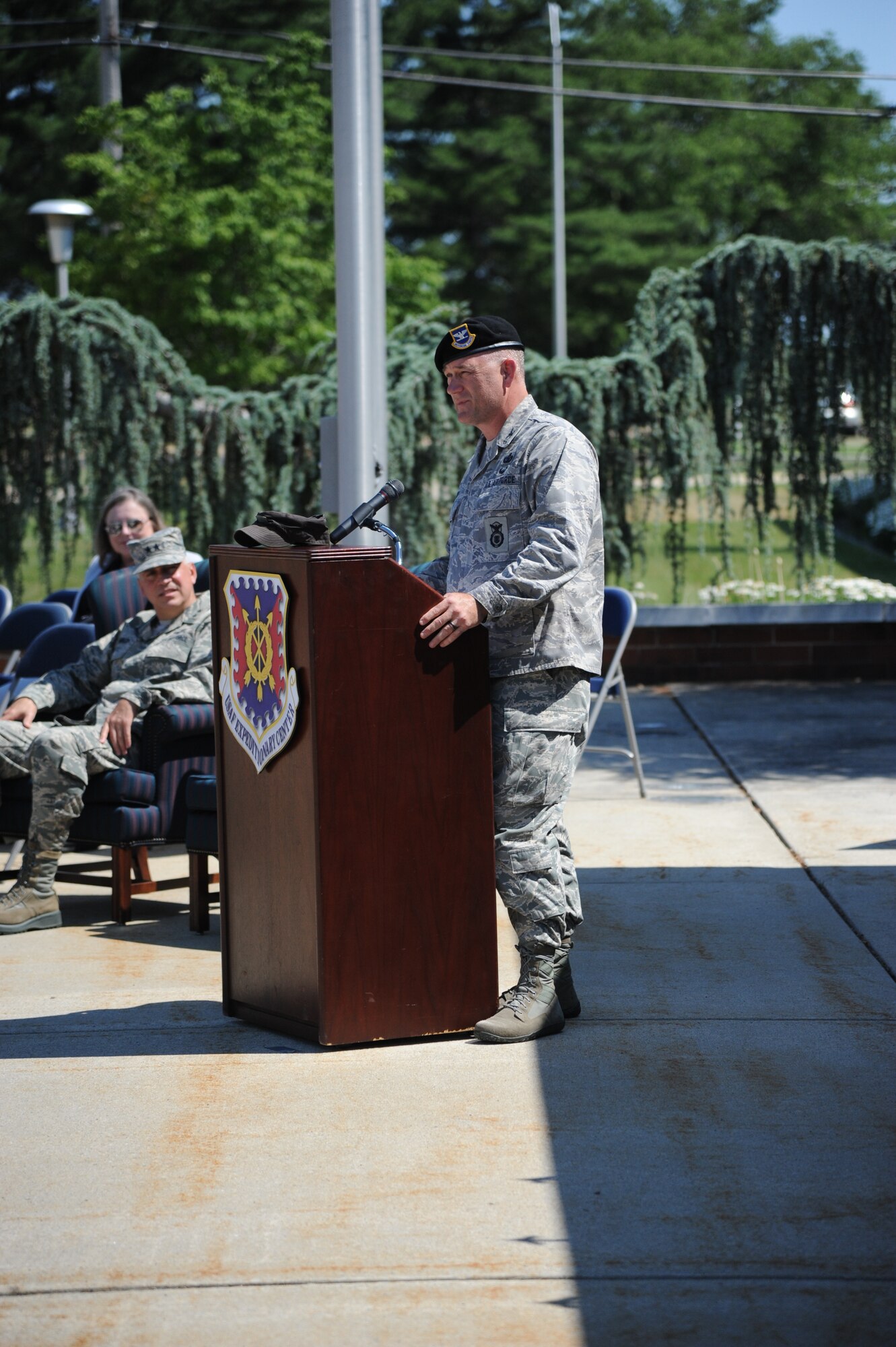 Col. Randall Richert, Air Mobility Command, Security Forces Chief, speaks to the final graduating class of the 421st Combat Training Squadron, Phoenix Warrior course at the U.S. Air Force Expeditionary Center, Joint Base McGuire-Dix-Lakehurst, N.J., June 27. Security forces deployment training is being consolidated to Fort Bliss, Texas. (U.S. Air Force photo/Pascual Flores)