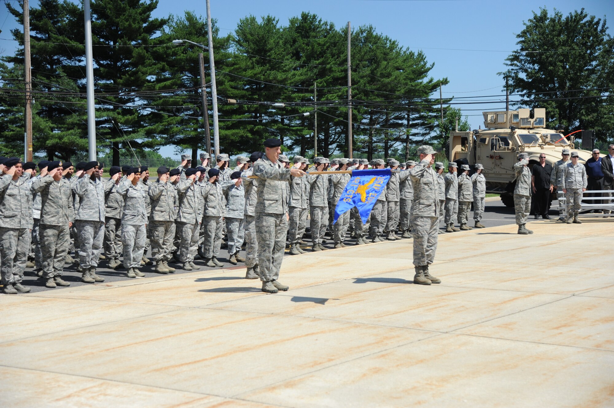 Members of the 421st Combat Training Squadron and Phoenix Warrior course salute during the course’s final graduation at the U.S. Air Force Expeditionary Center June 27. The course is being closed as security forces deployment training is being consolidated to Fort Bliss, Texas. (U.S. Air Force photo/Pascual Flores)