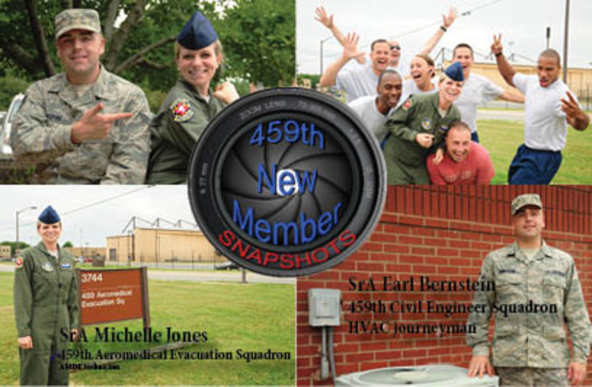 Senior Airman Michelle Jones, 459th Aeromedical Evacuation Squadron medical technician, and Senior Airman Earl Bernstein, 459th Civil Engineer Squadron HVAC journeyman, pose for a picture, Joint Base Andrews, Md, June 22, 2014. Jones and Bernstein are both new members to the 459th Air Refueling Wing, (U.S. Air Force photo/Staff Sgt. Amber Russell)