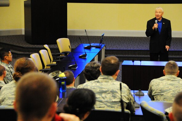 Retired Chief Master Sergeant of the Air Force Robert Gaylor speaks to Airmen at the General Jacob E. Smart Building on Joint Base Andrews, Md., June 25, 2014. Gaylor’s motivational speech, 14 Powerful “F” Words, covered topics on how to be resilient in the past and present day Air Force. Gaylor was the fifth CMSgt of the Air Force. (U.S. Air Force photo/Staff Sgt. Matt Davis)