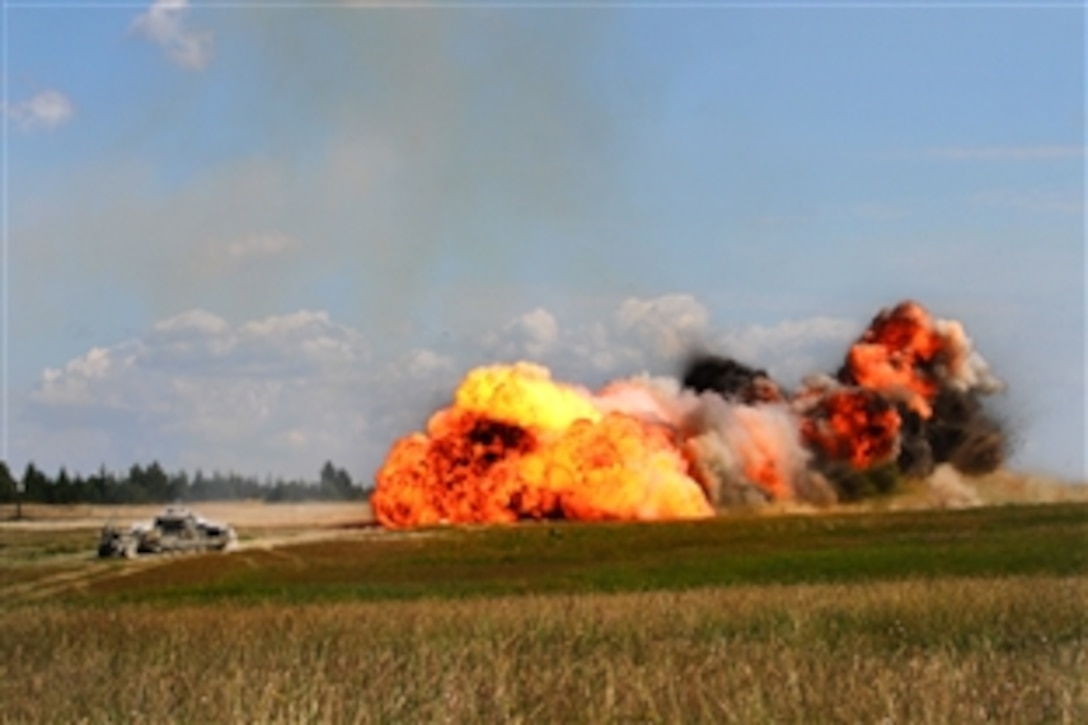 U.S. soldiers detonate a mine clearing line charge during a combined arms live-fire exercise at the Joint Multinational Readiness Center in Hohenfels, Germany, June 26, 2014. The soldiers, combat engineers, are assigned to the 1st Cavalry Division's Company B, 91st Brigade Engineer Battalion, 1st Brigade Combat Team.