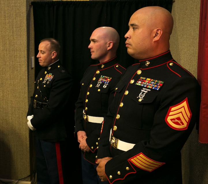 Staff Sgt. Brian Pierce, administration chief, 4th Tank Battalion, stands with other Marines with 4th Tanks during a Congressional Gold Medal Ceremony for retired Montford Point Marine Joseph Beaver at the Tolerance Education Center in Rancho Mirage, Calif., Feb. 24. In attendance to the ceremony were various family members and friends of Beaver, as well as the Marine Corps Air Ground Combat Center color guard and Marines with 4th Tank Battalion who took part in presenting the medal alongside Ruiz. (Official Marine Corps Photo By Lance Cpl. Kasey Peacock/Released)