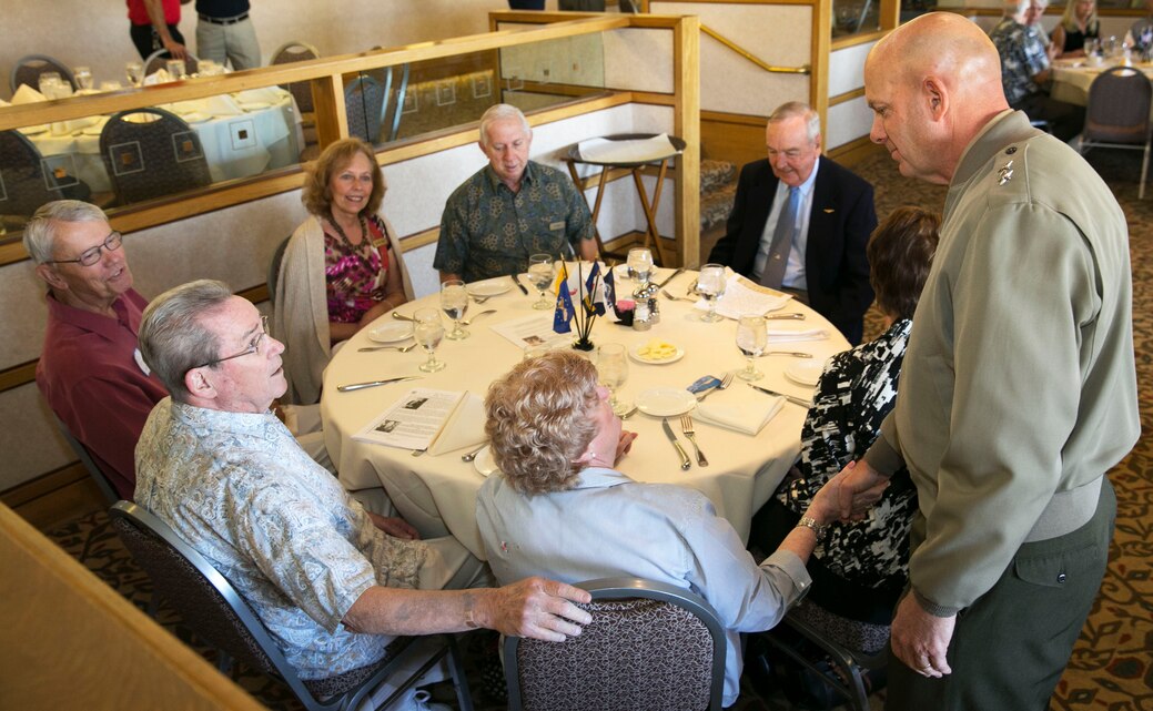 Maj. Gen. David H. Berger, Combat Center Commanding General, meets with various members of Military Officers Association of America during a luncheon at Desert Springs Resort clubhouse in Palm Desert, Calif., Feb. 21, 2014. MOAA is made up of retired military officers from all different branches of service and plays an active role in military personnel matters and especially proposed legislation affecting the career force, the retired community, and veterans of the uniformed services. (Official Marine Corps Photo By Lance Cpl. Kasey Peacock/Released)