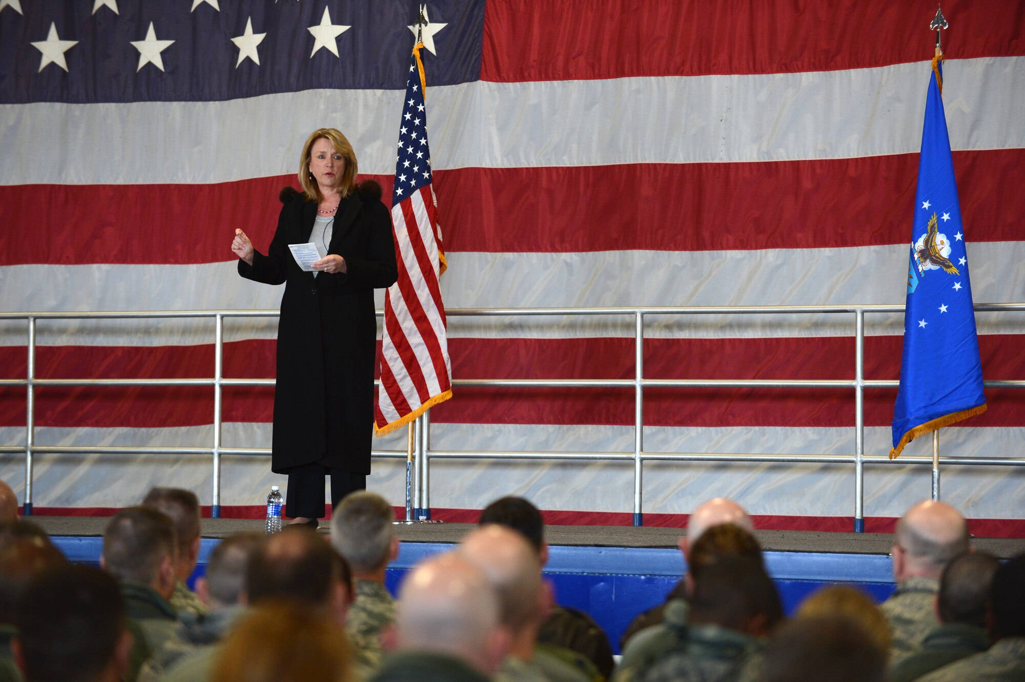Secretary of the Air Force Deborah Lee James addresses Airmen during an all-call at Shaw Air Force Base, S.C., Feb. 28, 2014. James discussed her top three priorities during her speech: commitment to taking care of people, balance today’s readiness with tomorrow’s modernization needs, and ensure the best Air Force in the world is the most capable at the lowest possible cost. (U.S. Air Force photo by Diana M. Cossaboom/Released)