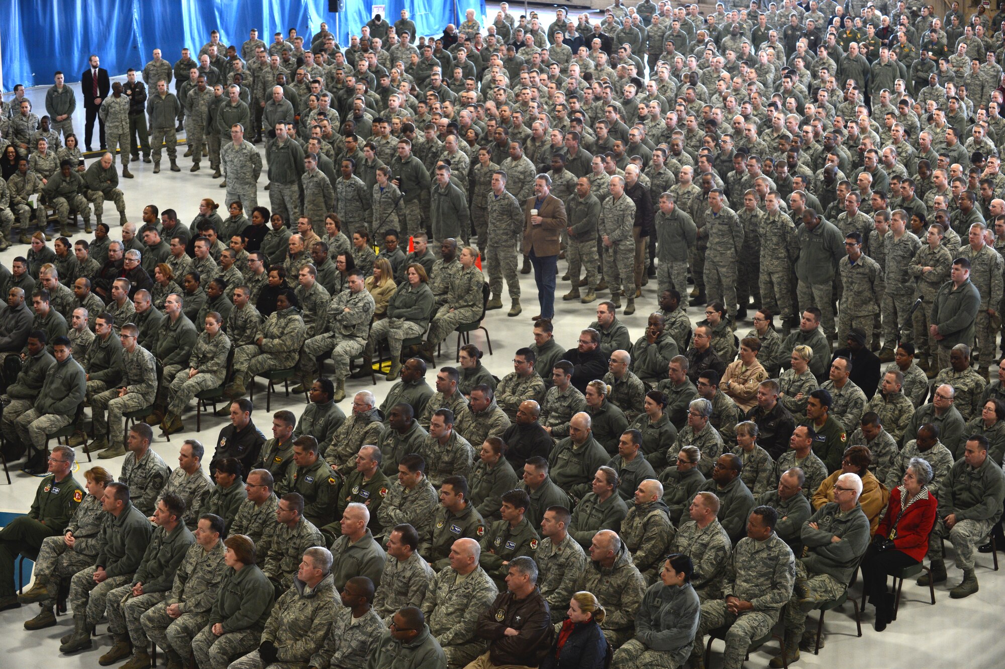 U.S. Air Force Airmen gather during a all-call to see Secretary of the Air Force Deborah Lee James at Shaw Air Force Base, S.C., Feb. 28, 2014. James, the 23rd SecAF, visited the base during a three-base Air Combat Command immersion tour. (U.S. Air Force photo by Diana M. Cossaboom/Released)
