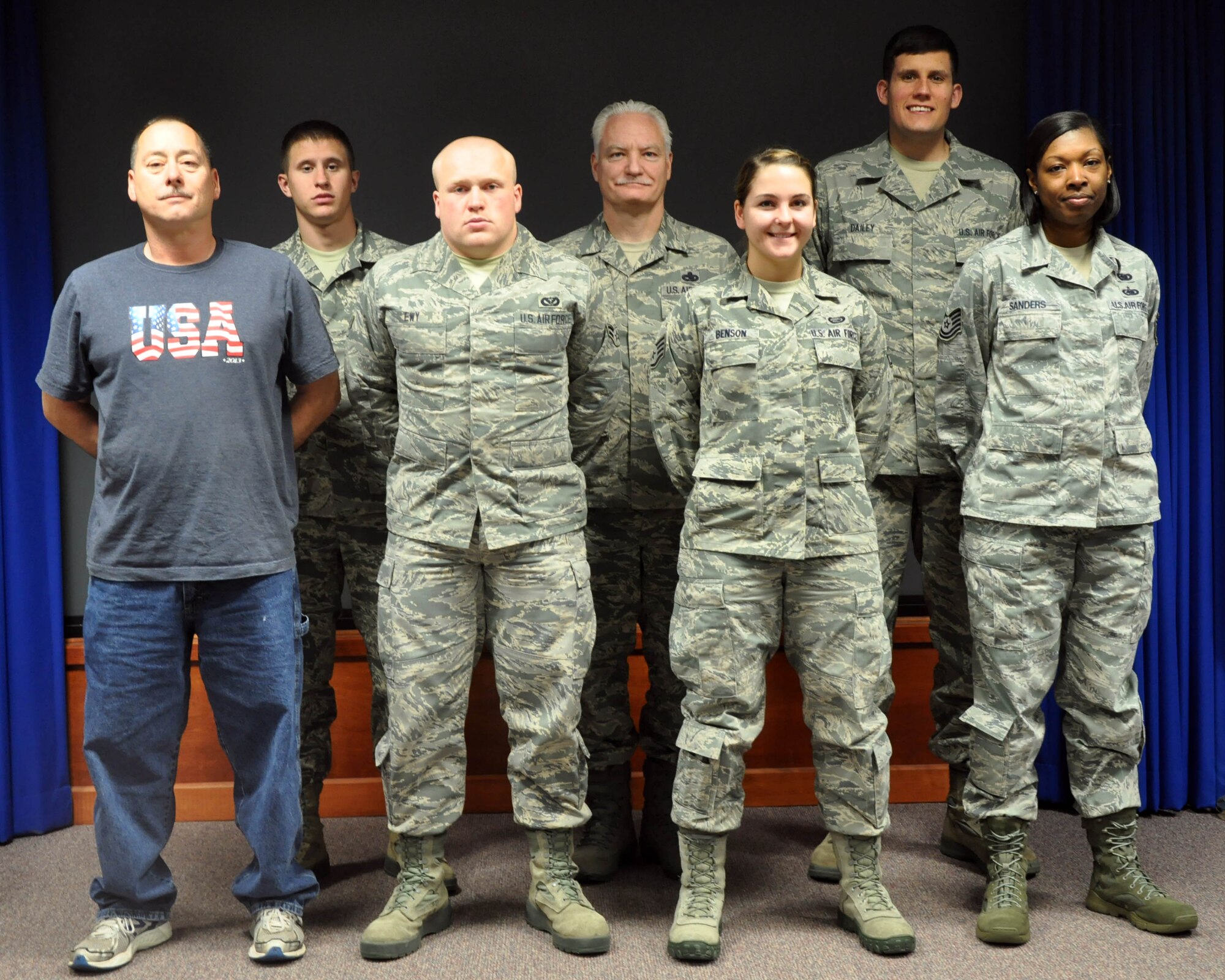 The 931st Air Refueling Group welcomed the following newcomers during the March unit training assembly, March 1, 2014. Front row, right to left: Tech. Sgt. Yashika Sanders, Staff Sgt. Julia Benson, Airman 1st Class Aaron Ewy and Tech Sgt. Jason Berry.  Back row, right to leftt: Staff Sgt. Brett Dailey, Master Sgt. Kenneth Kimsey and Airman Mason Rasmussen.  