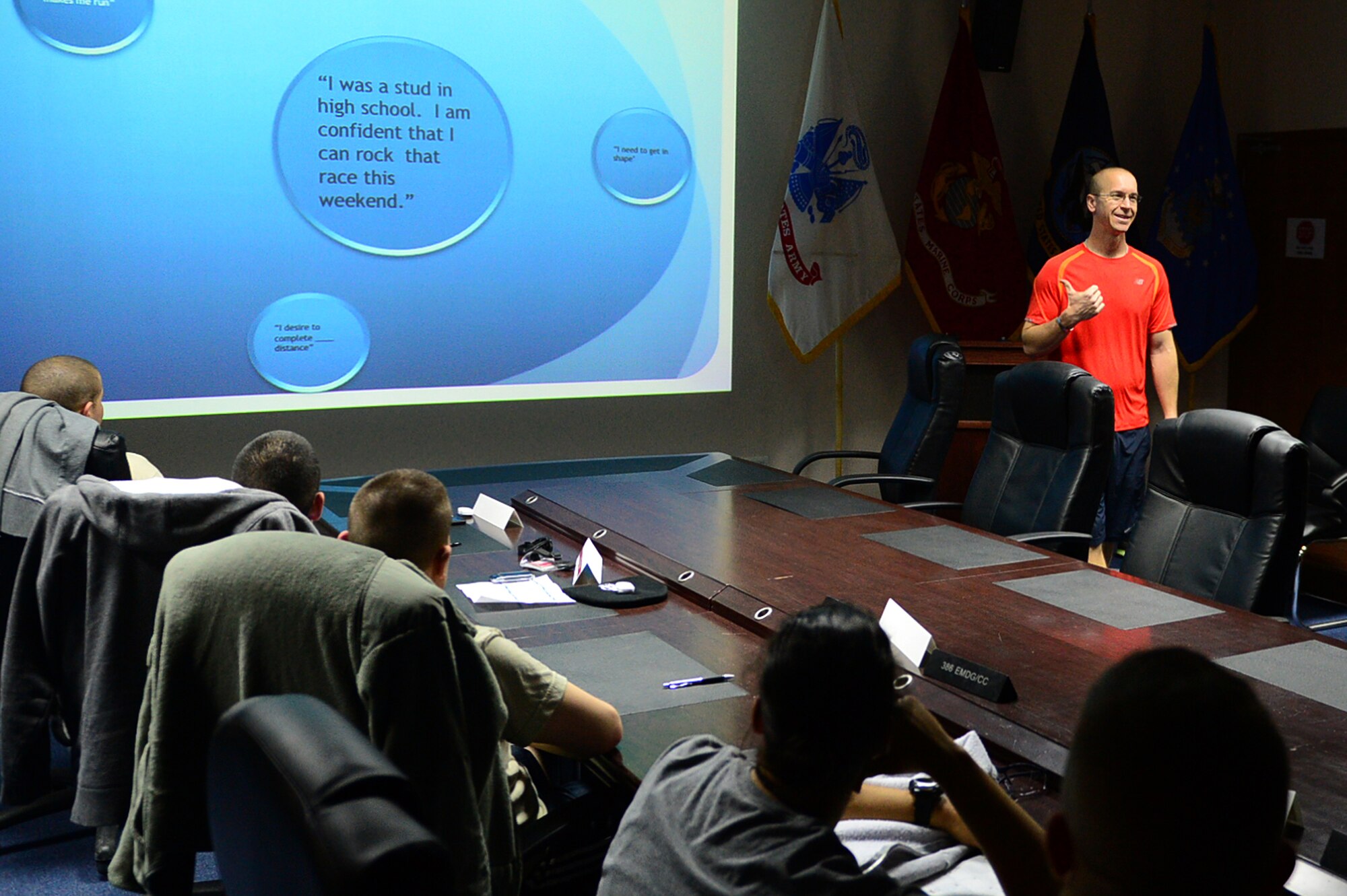 Maj. (Dr.) Sean Martin  presents information on exercise physiology to 16 members of the inaugural class of Marauders Elite.  The program was designed by Martin and a team of medical personnel to provide deployed Airmen with the medical science behind fitness.  (U.S. Air Force photo by Senior Master Sgt. Burke Baker)