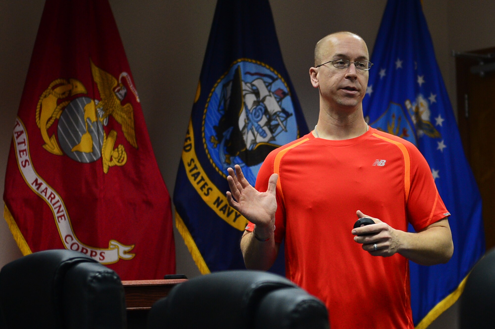Maj. (Dr.) Sean Martin  presents information on exercise physiology to 16 members of the inaugural class of Marauders Elite.  The program was designed by Martin and a team of medical personnel to provide deployed Airmen with the medical science behind fitness.  (U.S. Air Force photo by Senior Master Sgt. Burke Baker)