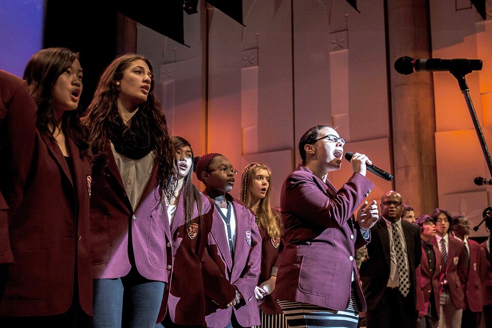 Students from Matthew C. Perry High School sing during the 2014 U.S.-Japan Friendship Concert that took place inside the Iwakuni Sinfonia Feb. 15. Several schools from out in Iwakuni and Matthew C. Perry Schools attended the event.