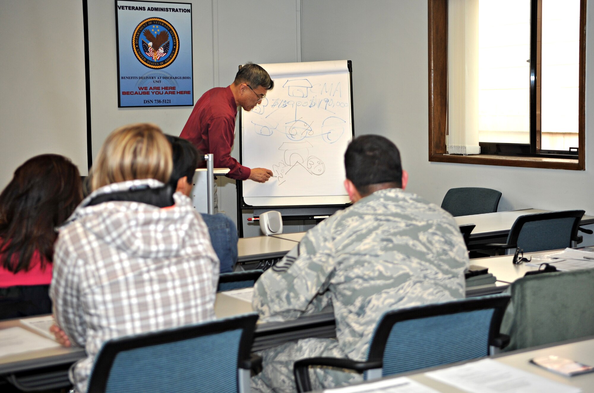 Sun Park, Airman and Family Readiness Center community readiness consultant, explains how surrounding property sales affect a house’s fair selling price during the Military Saves Week home-buying workshop in the A&FRC classroom at Osan Air Base, Republic of Korea, Feb. 26, 2014. Park is a licensed real estate broker for the state of California and shared his knowledge of the real estate industry with Airmen interested in purchasing a new home. (U.S. Air Force photo/Airman 1st Class Ashley J. Thum)