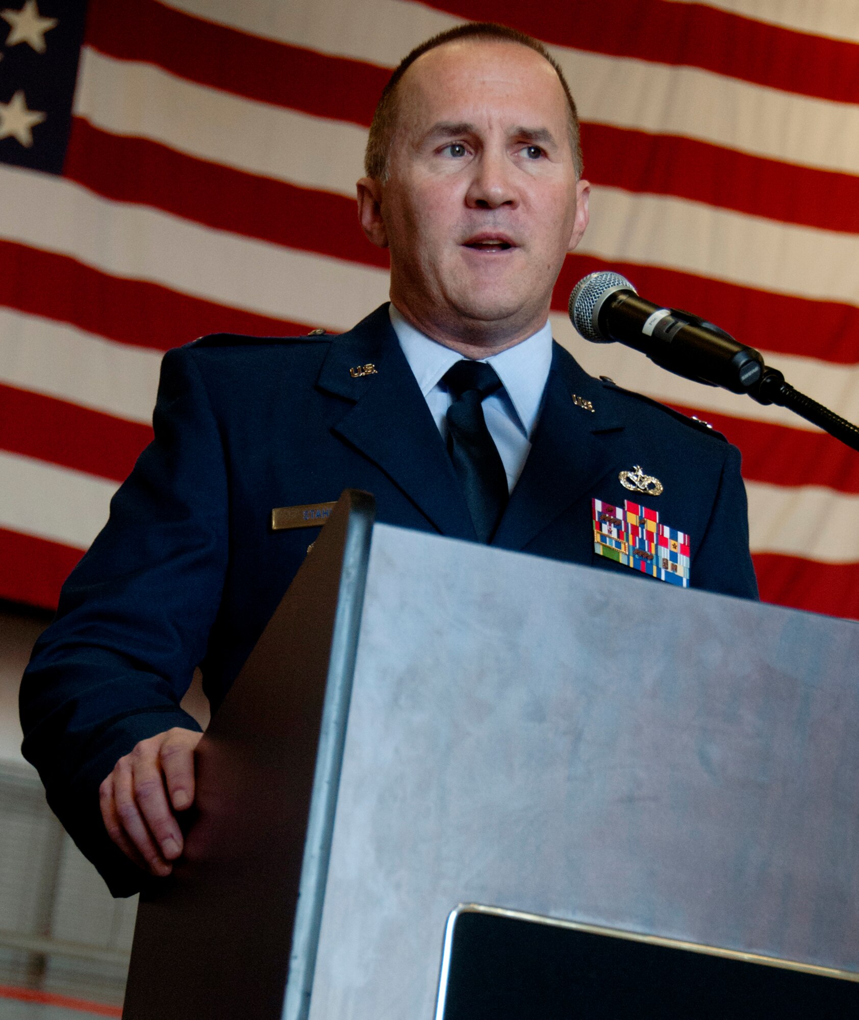 Lt. Col. Brian Stahl speaks to his group during the assumption of command ceremony that installed him as the commander of the 919th Special Operations Mission Support Group March 1, at Duke Field, Fla. The 24-year veteran served as the deputy commander for the 507th Mission Support Group at Tinker AFB, Okla. prior to this assignment. (U.S. Air Force photo/ Tech. Sgt. Cheryl Foster)