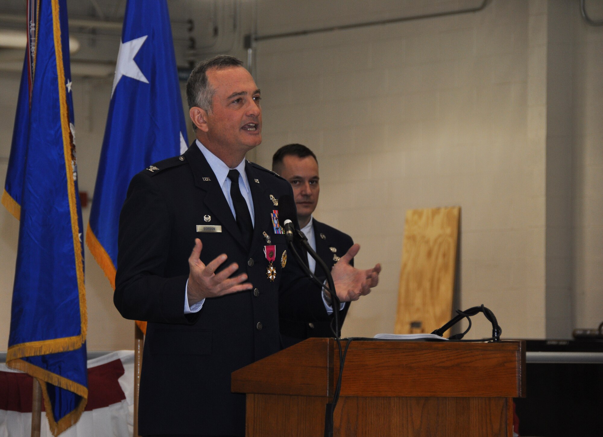 Colonel Walter O. Gordon addresses members of the 914th Airlift Wing upon relinquishing command, March 1, 2014. (U.S. Air Force photo by Staff Sgt. Stephanie Clark)  