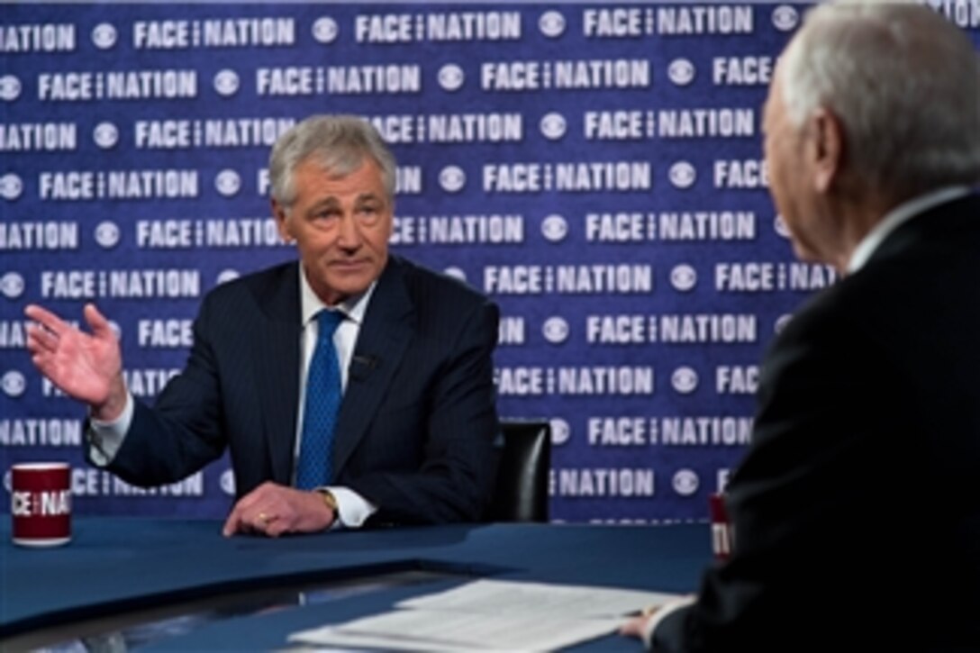 Defense Secretary Chuck Hagel discusses the president’s fiscal 2015 budget plan and the situation in Ukraine during an interview with Bob Schieffer, host of CBS’ “Face the Nation,” that aired March 2, 2014. The interviewed was taped Feb. 28. 