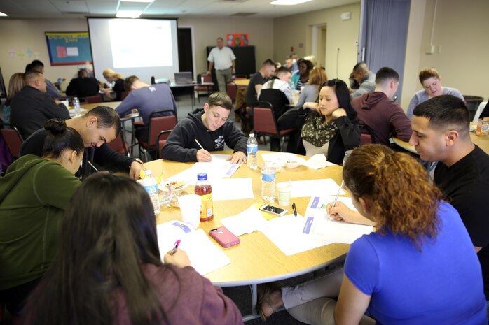 Service members and their spouses participate in a relationship-building exercise during a marriage Prevention and Relationship Enhancement Program [PREP] workshop aboard Camp Lejeune, N.C., Feb. 26, 2014. The program was developed by three professors at the University of Denver more than a decade ago, and is still being updated and built upon to continue helping spouses maintain and enjoy their marriages. (U.S. Marine Corps photo by Lance Cpl. Shawn Valosin)