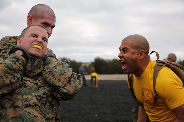 Sgt. Milton D. Zavala, drill instructor, Platoon 2169, Company H, 2nd Recruit Training Battalion, observes and loudly encourages Co. H recruits to apply the proper technique as they progress through choke holds during a Marine Corps Martial Arts Program training session. Recruits must learn to properly execute each exercise to earn tan belts in MCMAP; a graduation requirement. 