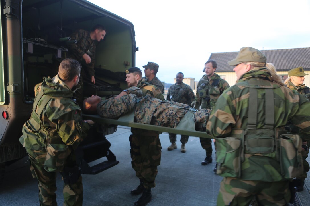 Seaman Marq. C. Heusner, a Mililani, Hawaii, native with 2nd Supply Battalion, Combat Logistics Regiment 25, 2nd Marine Logistics Group is loaded into the back of a U.S. military ambulance while on a Norwegian stretcher at Vaernes Garrison, Norway, Feb. 27, 2014. U.S. Navy and Norwegian army medical personnel successfully tested the compatibility of the equipment to ensure fast emergency operations.