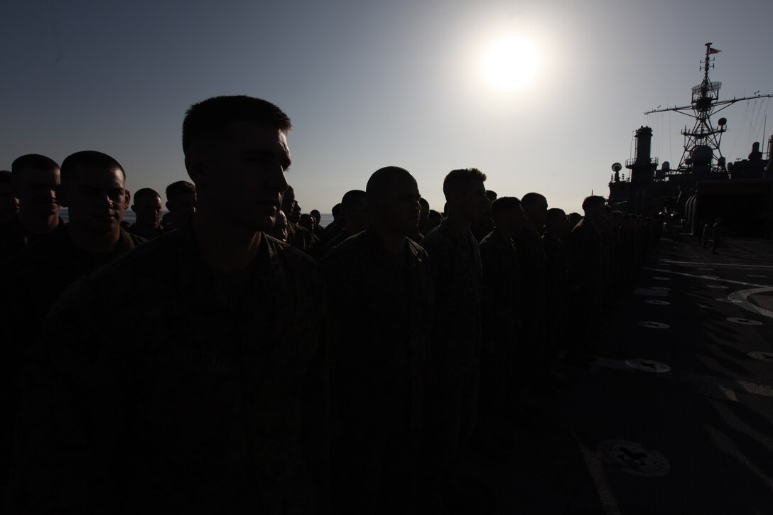 USS DENVER, At Sea – Marines and Sailors of the 31st Marine Expeditionary Unit hold an accountability formation on the deck here, Feb. 28, prior to a welcome aboard brief from their Navy counterparts. The 31st MEU recently embarked on three ships of the Bonhomme Richard Amphibious Ready Group to begin their regularly scheduled Spring Patrol. Currently embarked on the USS Denver are elements of the 31st MEU’s Battalion Landing Team 2nd Battalion, 5th Marines, as well as small detachments of the Command Element, Combat Logistics Battalion 31, and Marine Medium Tiltrotor Squadron 265 (Reinforced). The 31st MEU is the Marine Corps’ force in readiness for the Asia-Pacific region and the only continuously forward-deployed MEU. (Marine Corps photo by Sgt. Paul Robbins Jr.)