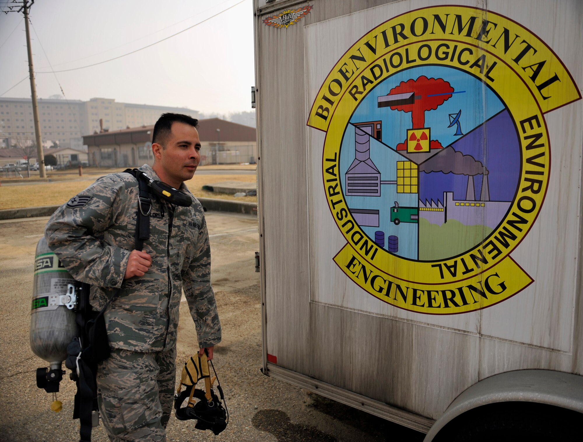 Staff Sgt. Hector Vaca Flores 51st Aerospace Medicine Squadron bioenvironmental engineering technician, walks to the equipment trailer at Osan Air Base, Republic of Korea, Feb. 27, 2014. Vaca Flores is this week’s Airman Spotlight winner. (U.S. Air Force photo/Senior Airman Siuta B. Ika)