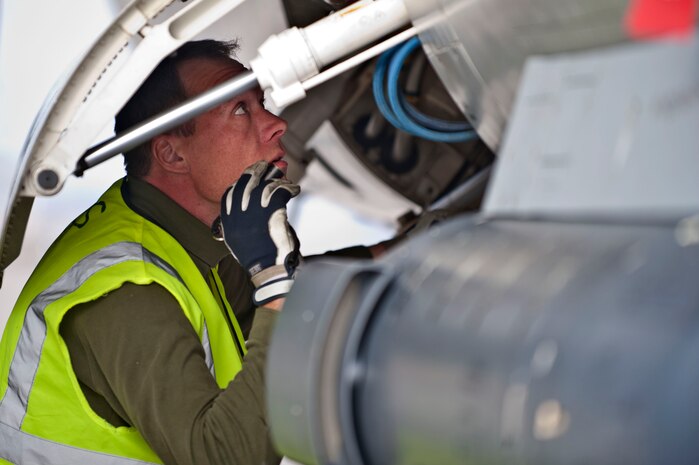 Royal Danish Air Force Lance Cpl. Lars Petersen, 727th Fighter Squadron crew chief from Skyrdstrup Air Base, Denmark, performs post flight checks during his squadron’s arrival for Red Flag 14-2 on the Nellis Air Force Base, Nev. flightline Feb. 26, 2014.  Red Flag is conducted over the Nevada Test and Training Range, the exercise allows pilots from the United States and allied countries to train to a level of realism not encountered outside of actual combat. (U.S. Air Force photo by Senior Airman Matthew Lancaster)