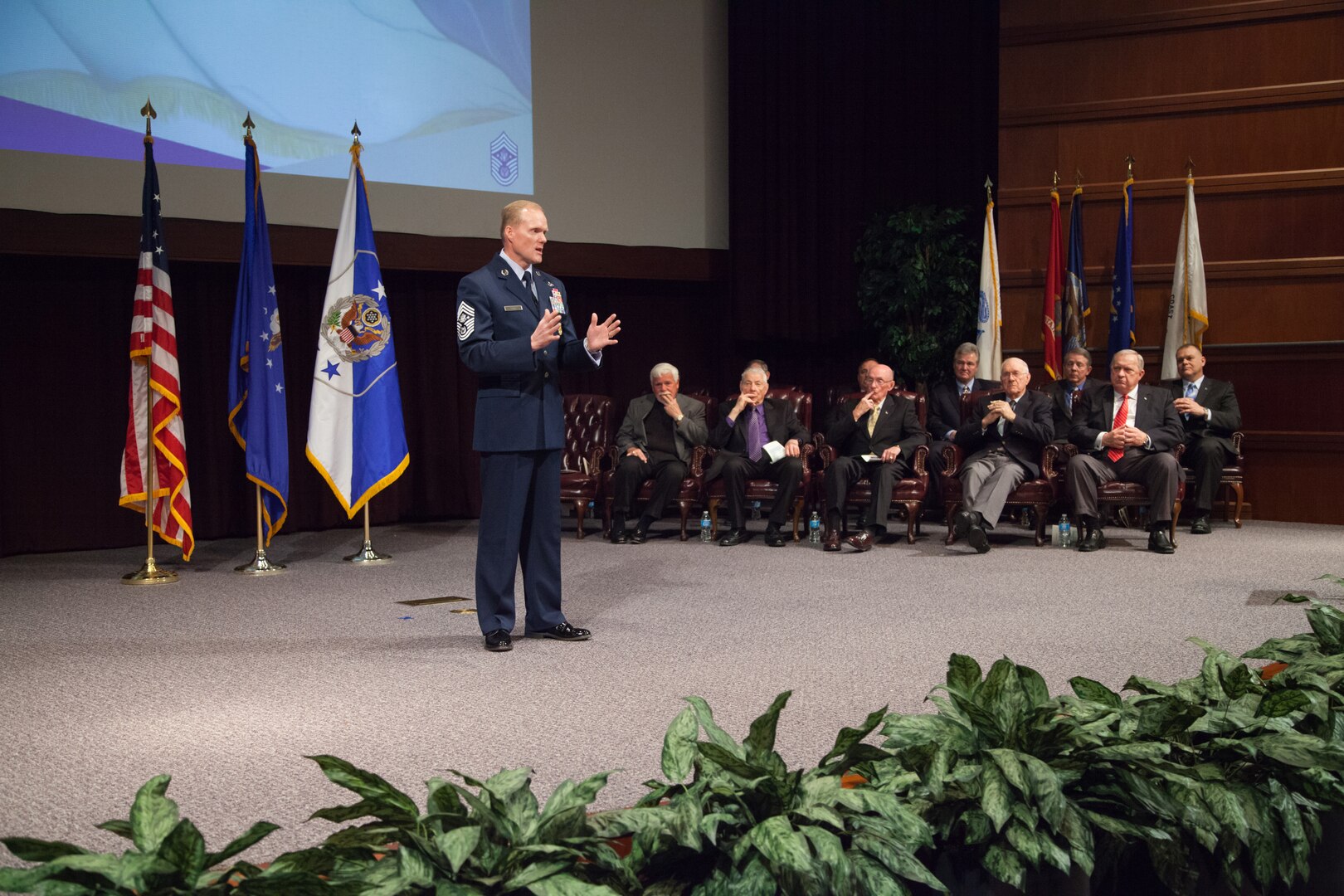 Maxwell Air Force Base, Ala. - Chief Master Sergeant of the Air Force James A. Cody, provides closing comments during a CMSAF positional colors ceremony at the Air Force Senior Noncommissioned Officer Academy, Thursday, Feb. 27, 2014. During the ceremony, Cody presented the positional colors to former Chief Master Sergeants of the Air Force and surviving family members. (USAF photo by Senior Master Sgt. Lee E. Hoover Jr./Released)