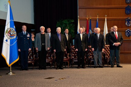 Maxwell Air Force Base, Ala. - Chief Master Sergeant of the Air Force James A. Cody, joins former chiefs and surviving family members on stage during a CMSAF positional colors ceremony at the Air Force Senior Noncommissioned Officer Academy, Thursday, Feb. 27, 2014. (USAF photo by Donna L. Burnett/Released)