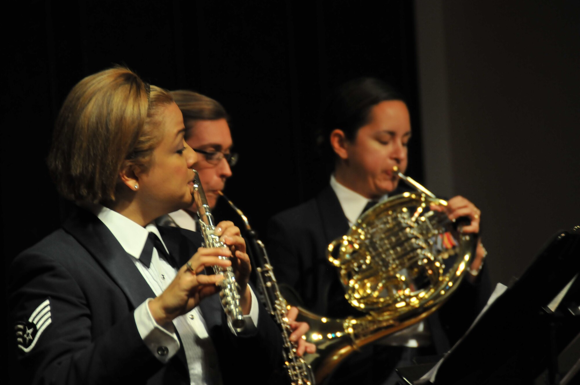Members of the Band of the Golden West perform as part of a Chamber Recital Series featuring the musicians in various ensembles.  Staff Sgt Melissa Rocha, Staff Sgt Whitney Isbell, and Technical Sgt Charlene Mayes are part of a 7-member group playing a version of Sting's "Seven Days" for an audience at the Vallejo Historical Museum on April 7, 2013  (U.S. Photo by SrA Matthew Garza/released)