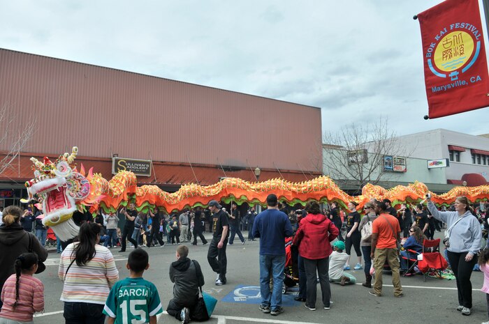 The Bok Kai dragon walks the parade route at the Bok Kai Parade in Marysville, Calif., March 1, 2014. The 175-feet-long Bok Kai dragon is named Hong Wan Lung and is also known as the lucky dragon. It is believed that the longer the dragon the more luck it brings to the community. (U.S. Air Force photo by Airman 1st Class Shana Wojcik/Released)