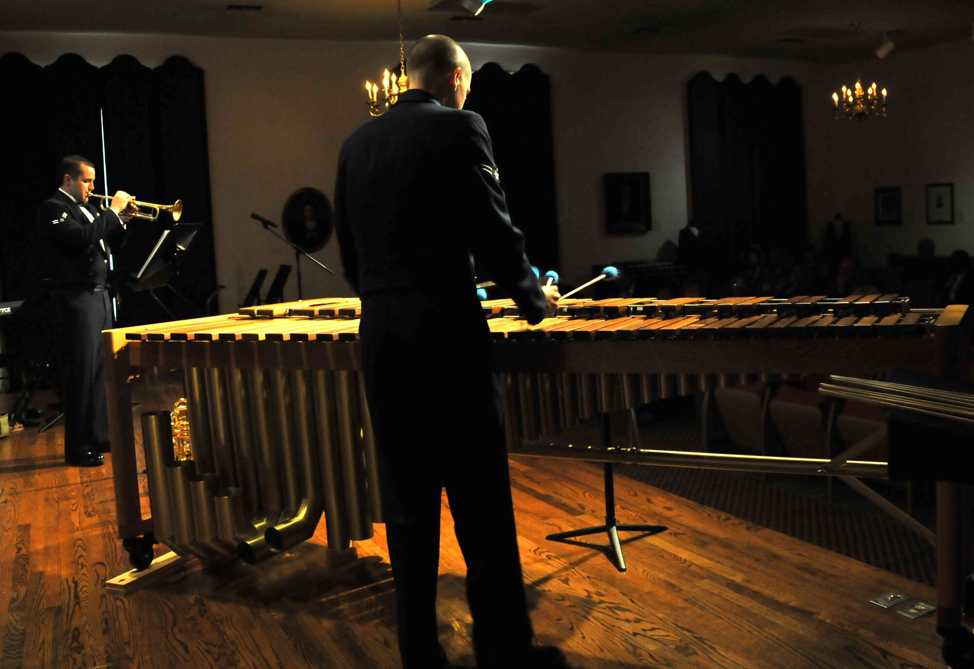 Airman First Class Ben Johnson and Airman First Class George Brahler perform a marimba and trumpet duet at the Vallejo Historical Musem on 7 April, 2013, as part of the Band of the Golden West Chamber Recital Series.  (U.S. Air Force photo by SrA Matthew Garz/released)